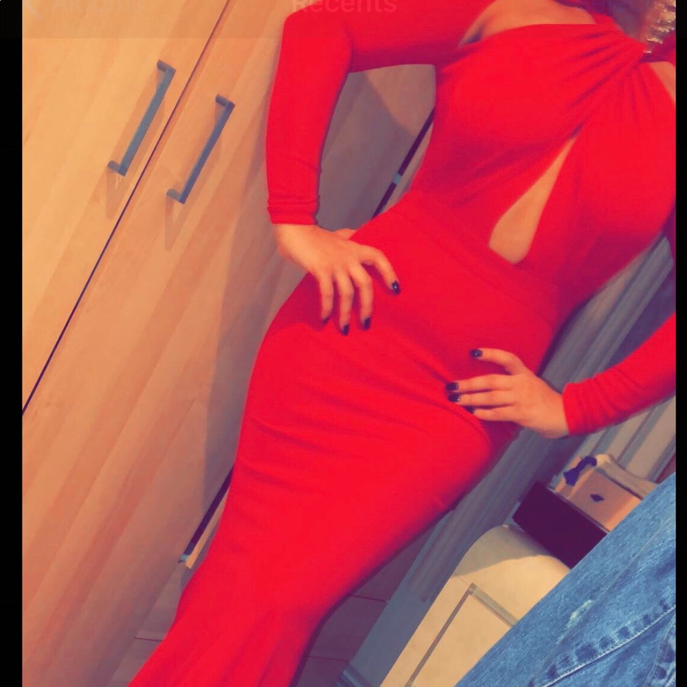 Long red dress.